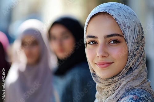 International Women's Day. Portrait of a young muslim woman with her friends in the background with generative ai