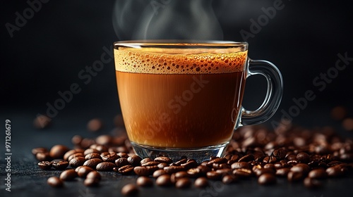 Steaming Cup of Aromatic Bliss: Freshly brewed coffee steams enticingly in a glass mug, surrounded by roasted beans on a dark background.  photo