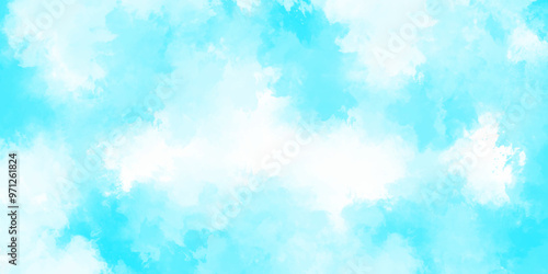 Beautiful blue sky with white clouds. Abstract nature background of romantic summer blue sky with fluffy clouds. Watercolor blue color texture background, clouds and sky pattern illustration cloudy.	
