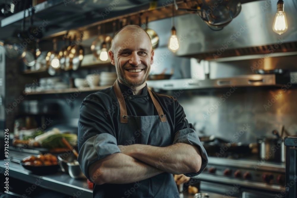 Portrait of a smiling American chef in commercial kitchen Portrait of a smiling American chef in commercial kitchen