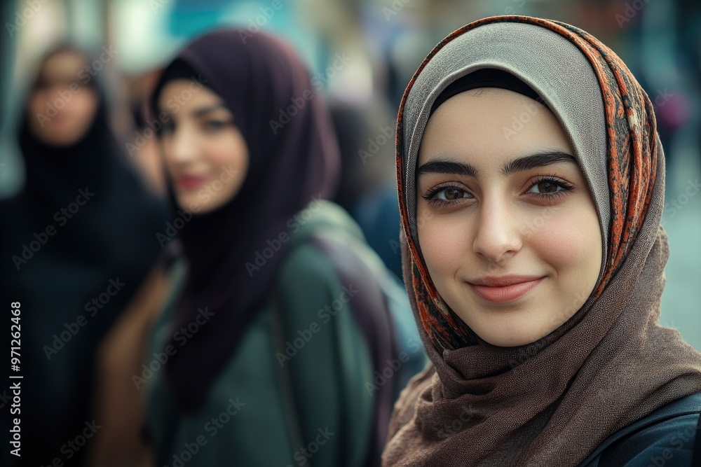 International Women's Day. Portrait of a young muslim woman with her friends in the background with generative ai International Women's Day. Portrait of a young muslim woman with her friends in the background with generative ai