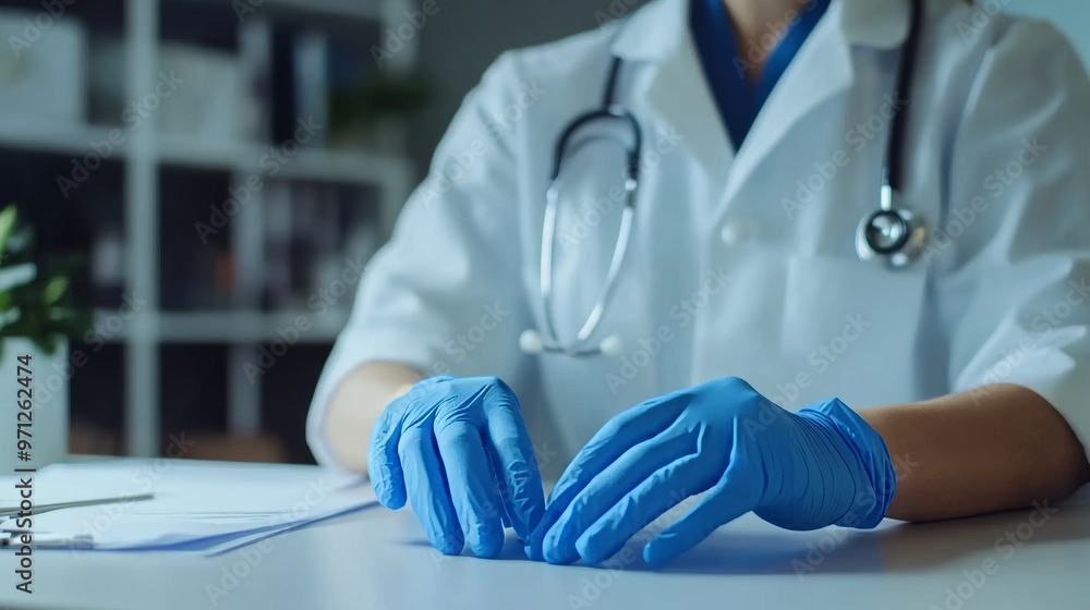 Doctor at table, wearing uniform, blue gloves, clinic. Doctor at table, wearing uniform, blue gloves, clinic.