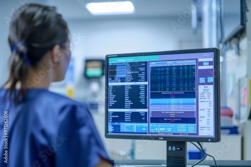 Registered nurse reviews patient charts on a computer monitor at nursing station