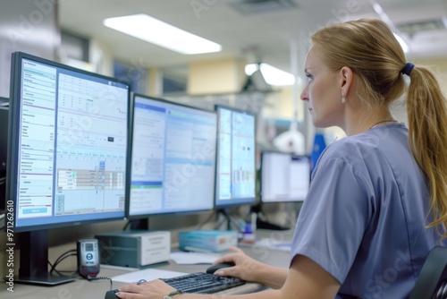 Registered nurse reviews patient charts on a computer monitor at nursing station photo