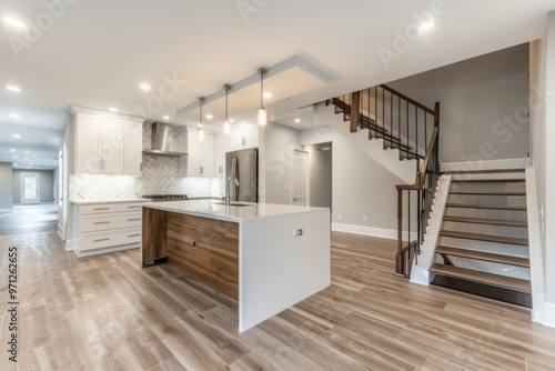 Renovated basement with modern kitchen island staircase white cabinets quartz countertop hardwood flooring