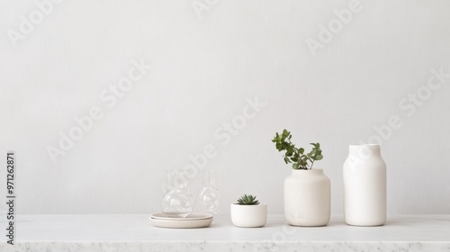 Minimalistic display of white vases and plants on a clean surface, creating a modern, serene atmosphere for decor inspiration.