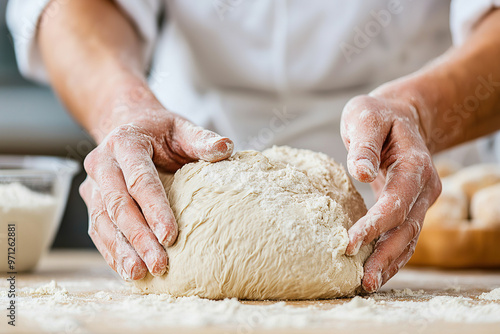 hands kneading bread dough with flour and water in a kitchen