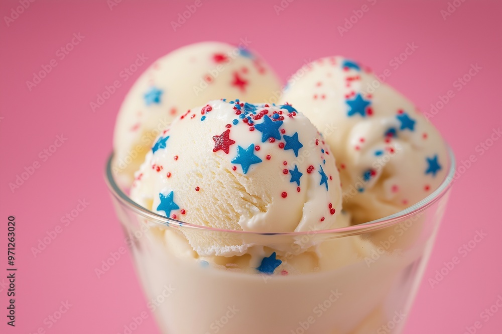 Fototapeta premium A glass bowl of vanilla ice cream with colorful sprinkles 