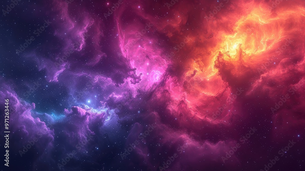 A vibrant cosmic scene featuring swirling clouds of purple, pink, and orange, evoking the beauty of the universe. A vibrant cosmic scene featuring swirling clouds of purple, pink, and orange, evoking the beauty of the universe.