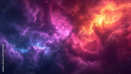 A vibrant cosmic scene featuring swirling clouds of purple, pink, and orange, evoking the beauty of the universe.