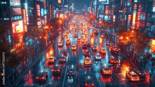 Rainy Night City Street with Traffic