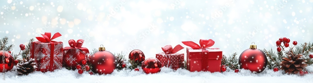 Festive red decorations and gifts create a cheerful winter scene, perfect for holiday celebrations and seasonal promotions. Festive red decorations and gifts create a cheerful winter scene, perfect for holiday celebrations and seasonal promotions.