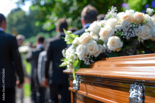 coffin being carried at a funeral, wooden coffin decorated with white roses bouquet