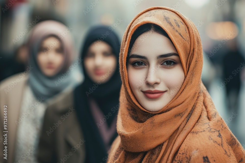 International Women's Day. Portrait of a young muslim woman with her friends in the background with generative ai International Women's Day. Portrait of a young muslim woman with her friends in the background with generative ai