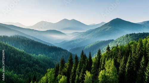 Explain how this serene mountain and forest landscape could inspire eco-tourism campaigns that promote reconnecting with nature,