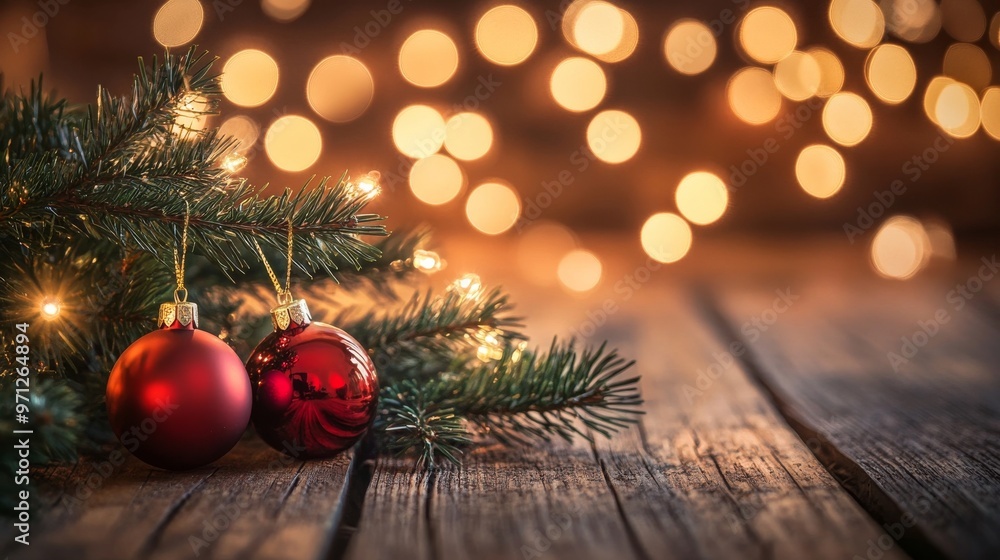 Xmas tree ornaments on wood. Bokeh Xmas tree ornaments on wood. Bokeh