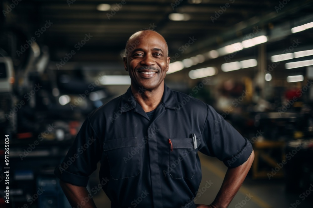 Portrait of a smiling middle aged African American mechanic in workshop Portrait of a smiling middle aged African American mechanic in workshop