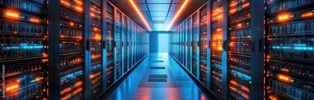 Fototapeta premium Rows of servers in a data center with blue and orange lights.