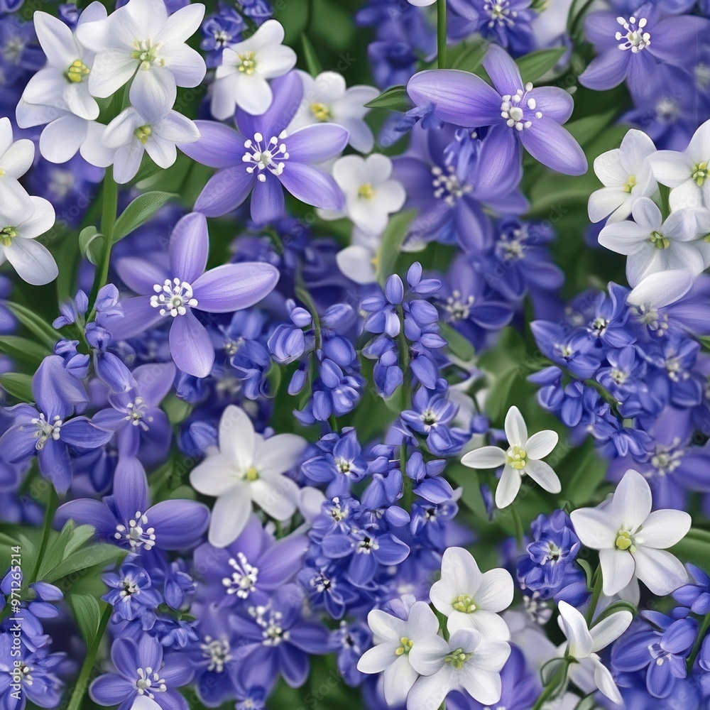 A vibrant arrangement of various purple and white flowers in a lush green setting. A vibrant arrangement of various purple and white flowers in a lush green setting.