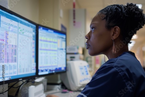 Registered nurse reviews patient charts on a computer monitor at nursing station