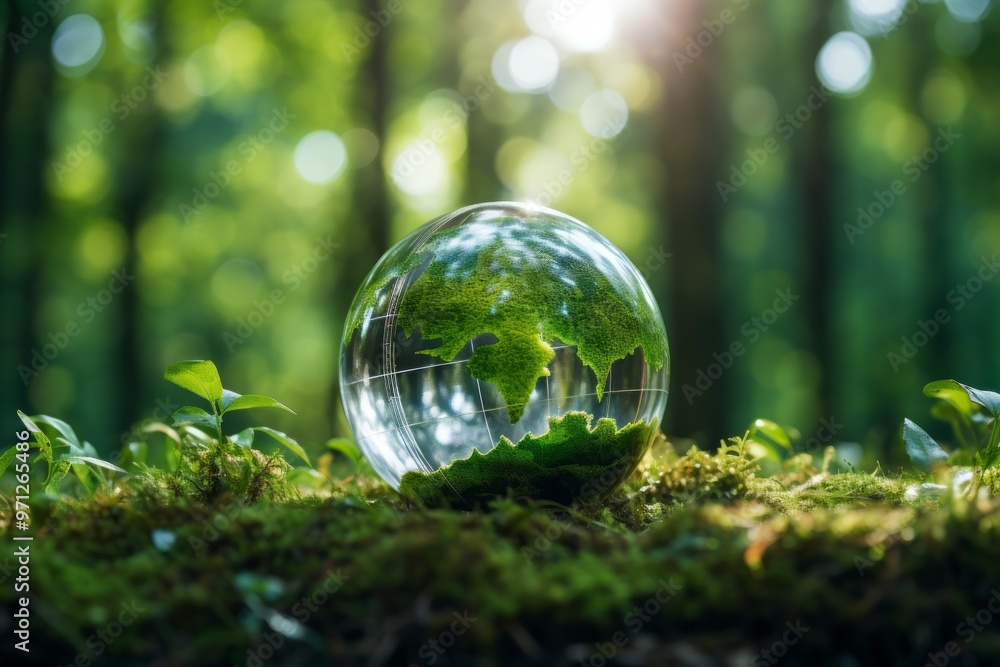 Eco-friendly technology concept a transparent glass globe on green moss Eco-friendly technology concept a transparent glass globe on green moss