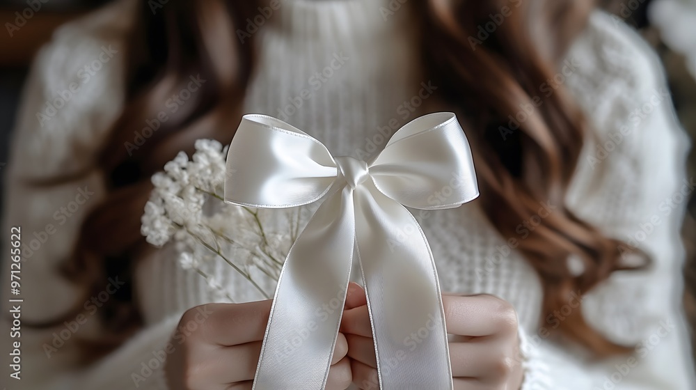 Elegant white ribbon held by a woman for White January mental health awareness, in a soft-focus environment. Elegant white ribbon held by a woman for White January mental health awareness, in a soft-focus environment.