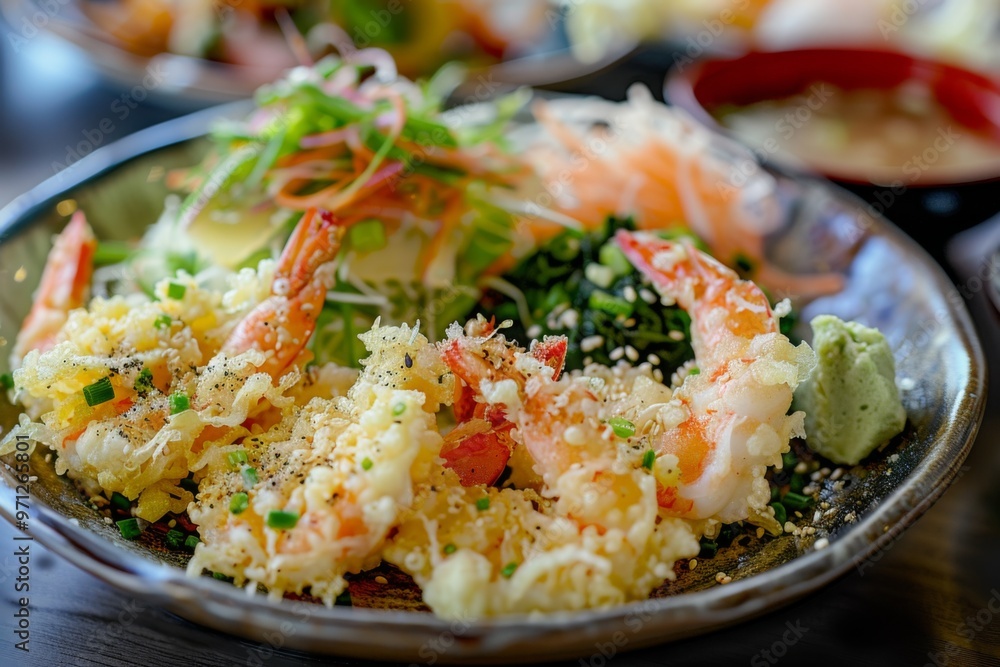 Tempura: A plate of crispy tempura vegetables and shrimp with dipping sauce Tempura: A plate of crispy tempura vegetables and shrimp with dipping sauce