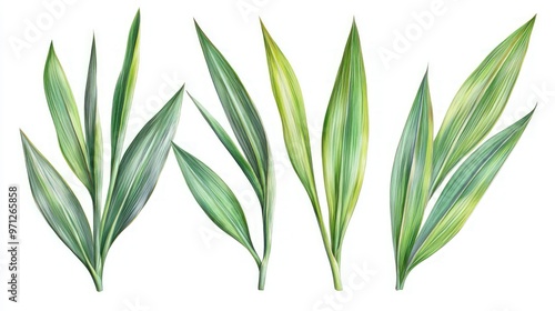 New Zealand flax leaves depicted with high precision, isolated on a white background to emphasize the structure of Phormium tenax.