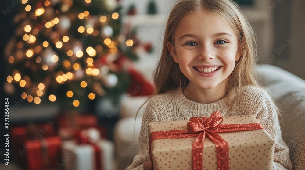 Holiday cheer: girl smiles with box. Holiday cheer: girl smiles with box.
