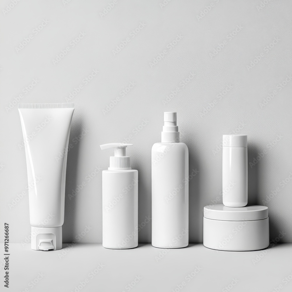 Blank White Cosmetic Bottles and Jars Mockup on White Background Blank White Cosmetic Bottles and Jars Mockup on White Background