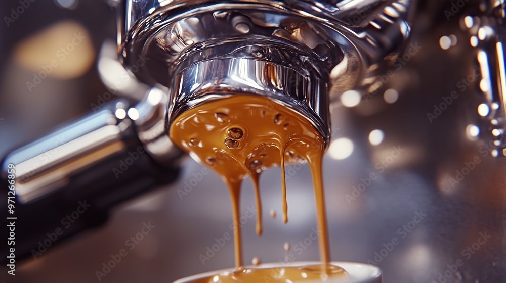 A close-up of an espresso machines group head, with freshly brewed espresso dripping into a cup below. A close-up of an espresso machines group head, with freshly brewed espresso dripping into a cup below.