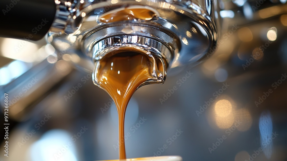 A close-up of an espresso machines group head, with freshly brewed espresso dripping into a cup below. A close-up of an espresso machines group head, with freshly brewed espresso dripping into a cup below.