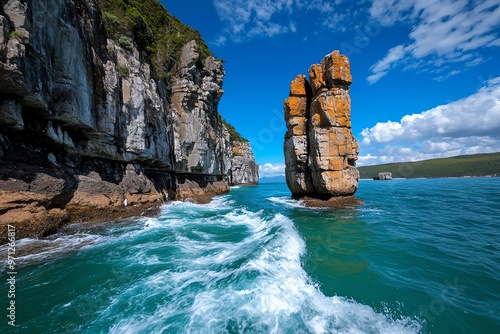 The towering sea stacks of Tasman National Park, with waves crashing against the ancient rocks below photo