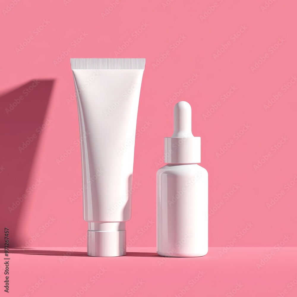 White Cream Tube and Dropper Bottle Mockup on Pink Background White Cream Tube and Dropper Bottle Mockup on Pink Background