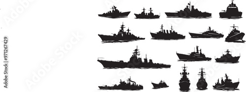 Warship navy silhouettes set, large pack of vector silhouette design, isolated vector illustration