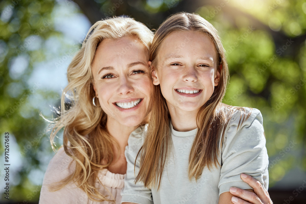 Portrait, happy and kid with mother in nature for bonding, travel and adventure on vacation. Outdoor, smile and girl with mom in park for connection on holiday, getaway or weekend trip in Australia. Portrait, happy and kid with mother in nature for bonding, travel and adventure on vacation. Outdoor, smile and girl with mom in park for connection on holiday, getaway or weekend trip in Australia.
