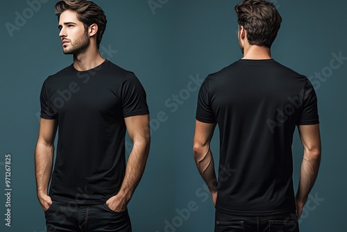 Wallpaper Mural Realistic black t-shirt mockup showcasing a male model in a photo studio, perfect for displaying fashion brand designs both front and back. Torontodigital.ca