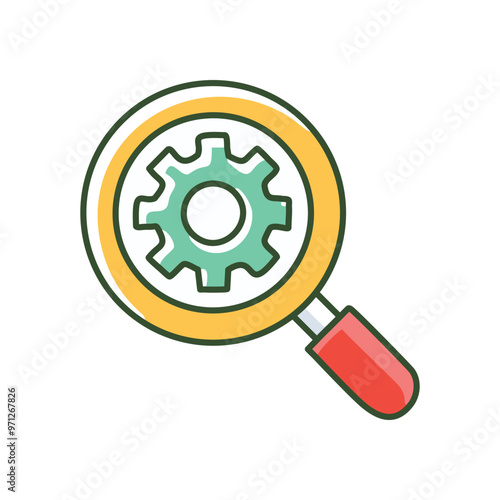 Magnifying glass gear. Magnifying glass with a gear inside. Represents optimization, efficiency, and finding solutions.