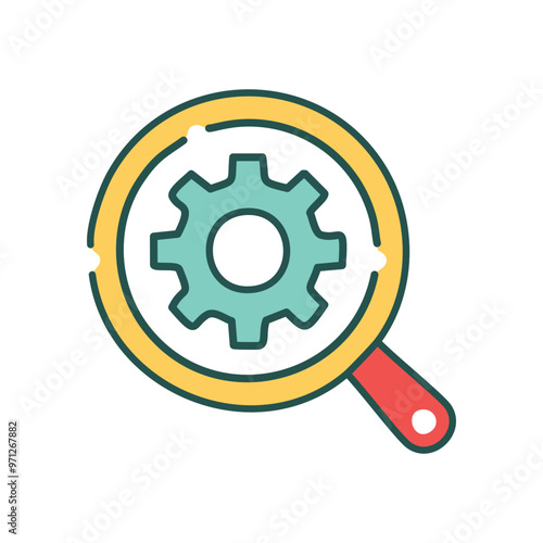 Search optimization gear. Magnifying glass with a gear inside representing optimizing search engines and performance.