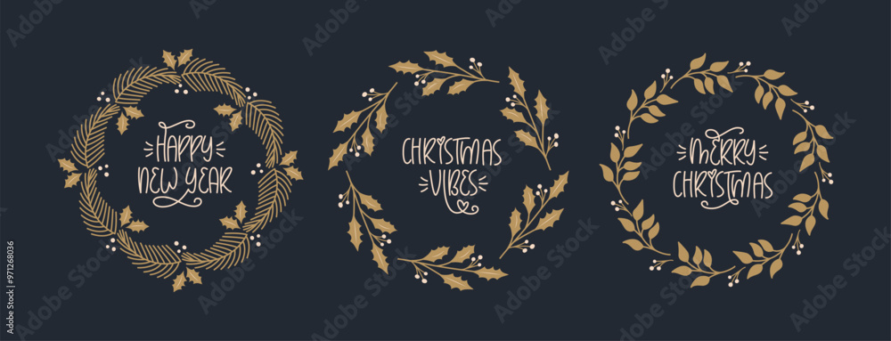 Christmas and New Year Frames Collection. Round Borders with Xmas Hand Lettering Phrases. Gold, Black and White Decor. Merry Christmas, Happy New Year Handwritten Text. Christmas and New Year Frames Collection. Round Borders with Xmas Hand Lettering Phrases. Gold, Black and White Decor. Merry Christmas, Happy New Year Handwritten Text.