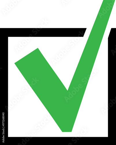 Check box with a green check mark, tickmark or tick. Tick exceeds checkbox.