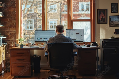 Wallpaper Mural Remote Work Diligence Showcasing a disciplined approach, a man focused work from home highlights the new normal in professional settings, where home and office blend seamlessly. Torontodigital.ca