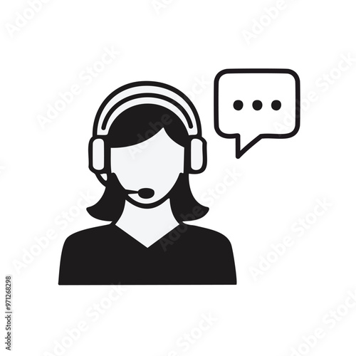Support agent icon. Black and white icon of a female customer service agent wearing a headset and speaking.