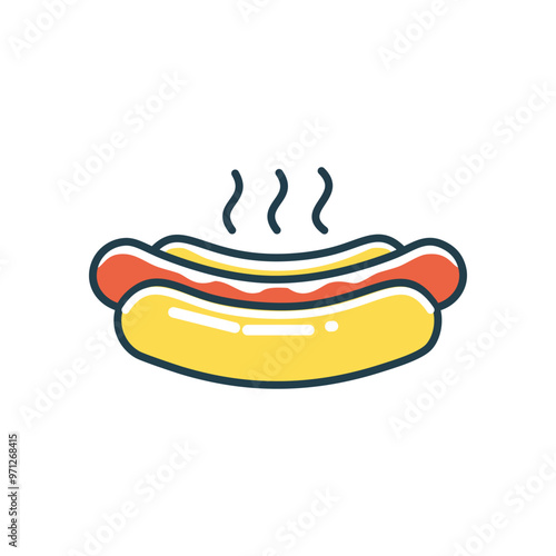 Hot dog icon. Steaming hot dog in a bun, perfect for fast food, lunch, or dinner.