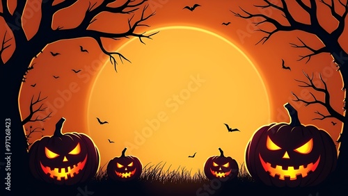 Spooky Halloween Sunset with Creepy Silhouettes of Haunted Trees, Flying Bats, and Glowing Jack O' Lanterns Placed on the Grass, with Copy Space Perfect for Party Invitations and Event Posters