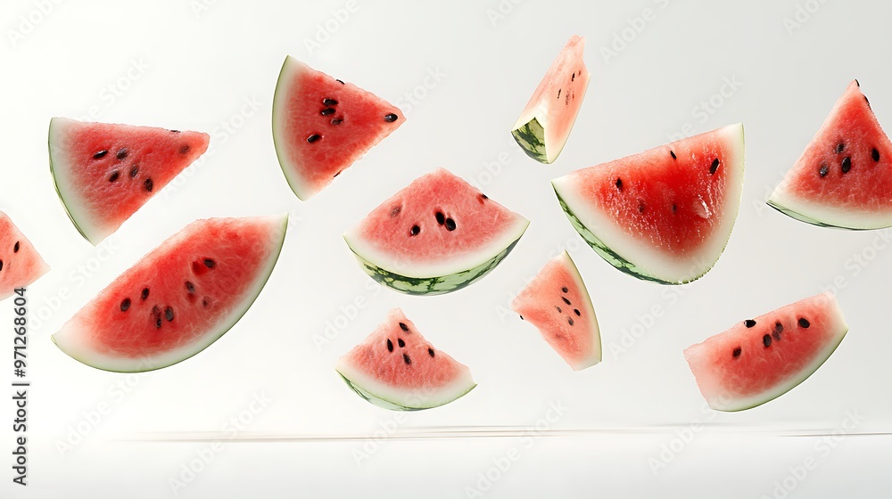 Thin slices of watermelon floating delicately in mid-air, creating a cascading effect against a light background Thin slices of watermelon floating delicately in mid-air, creating a cascading effect against a light background