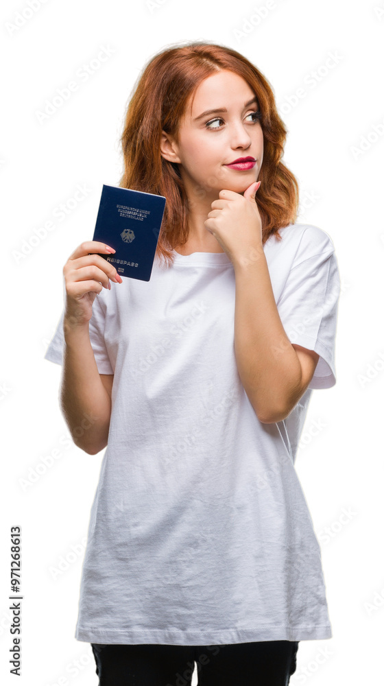 Young beautiful woman holding passport of germany over isolated background serious face thinking about question, very confused idea Young beautiful woman holding passport of germany over isolated background serious face thinking about question, very confused idea