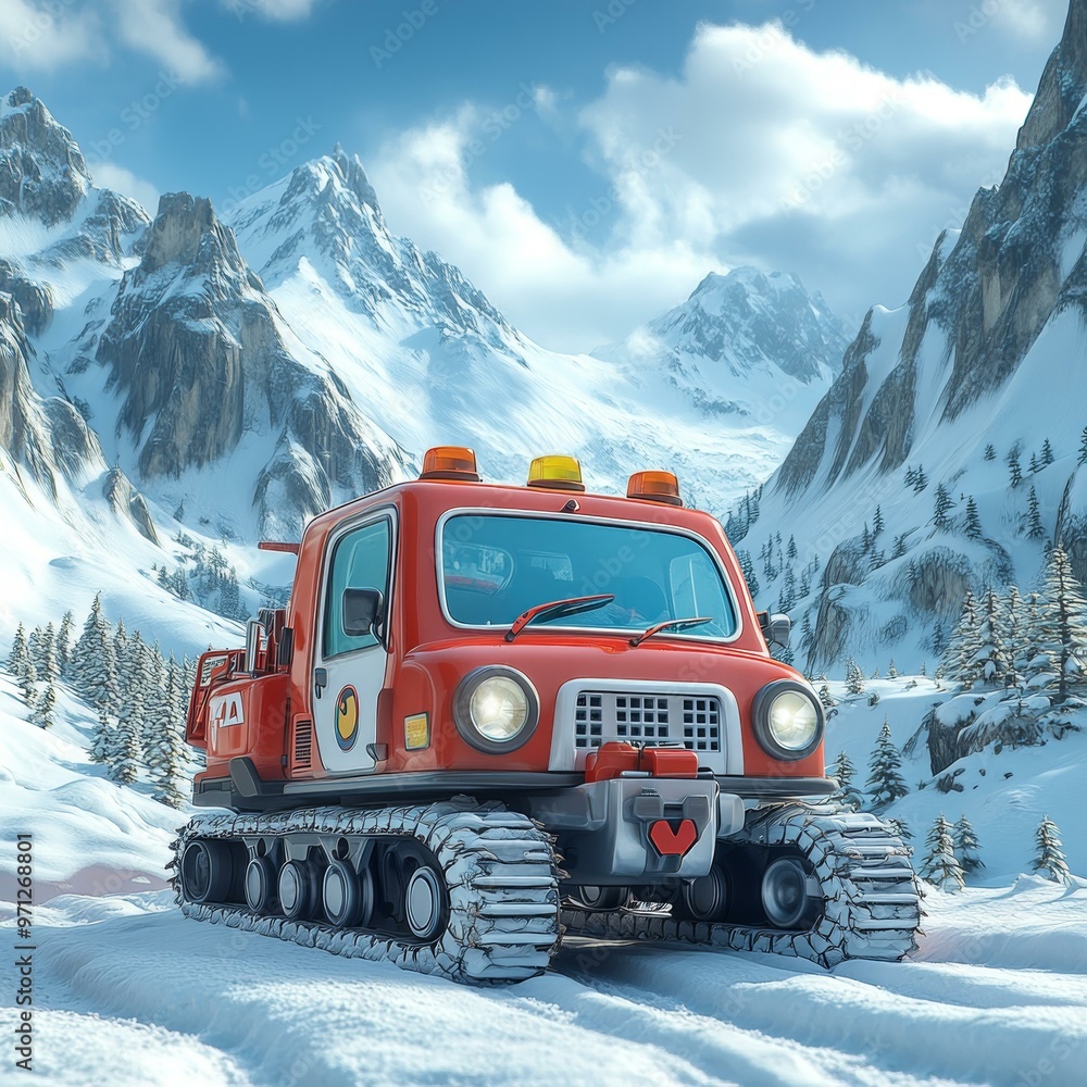Red Fire Truck in Snowy Mountain Landscape Red Fire Truck in Snowy Mountain Landscape
