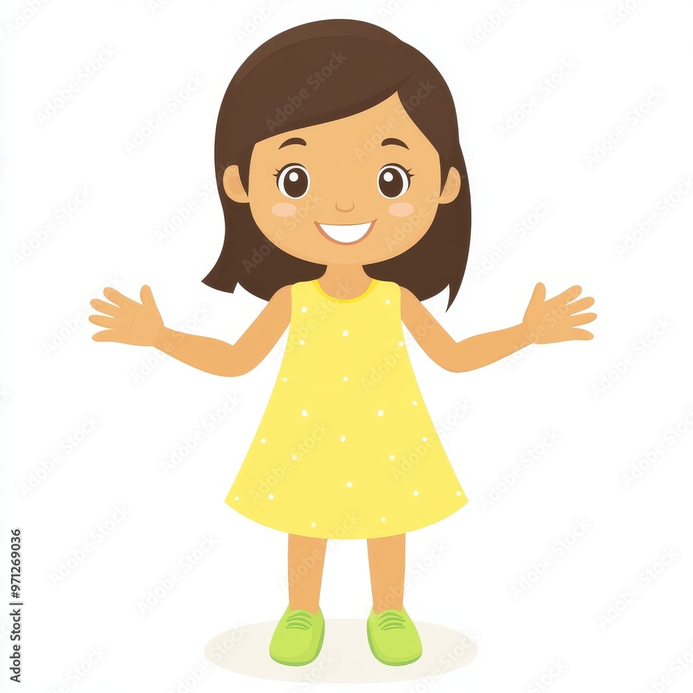Cartoon illustration of an Indian girl with dark skin showing her fingers up. It is isolated on a white background and is in flat modern color. Cartoon illustration of an Indian girl with dark skin showing her fingers up. It is isolated on a white background and is in flat modern color.