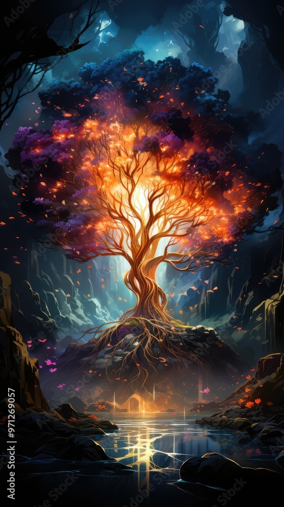 A glowing tree in a forest A glowing tree in a forest